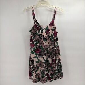 Candies Floral Romper Pink Green Tropical V-Neck Sleeveless L One-Piece